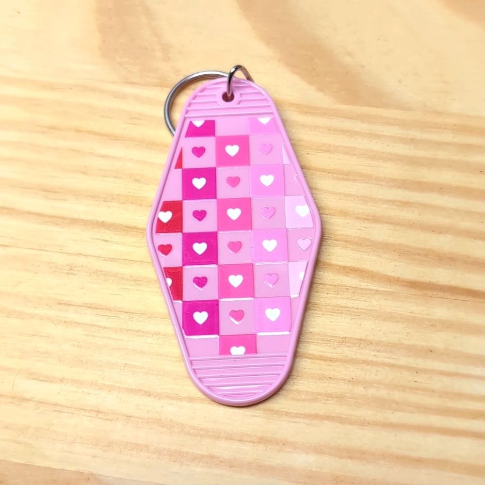 Valentine's Day heart checkered pattern on pink key chain